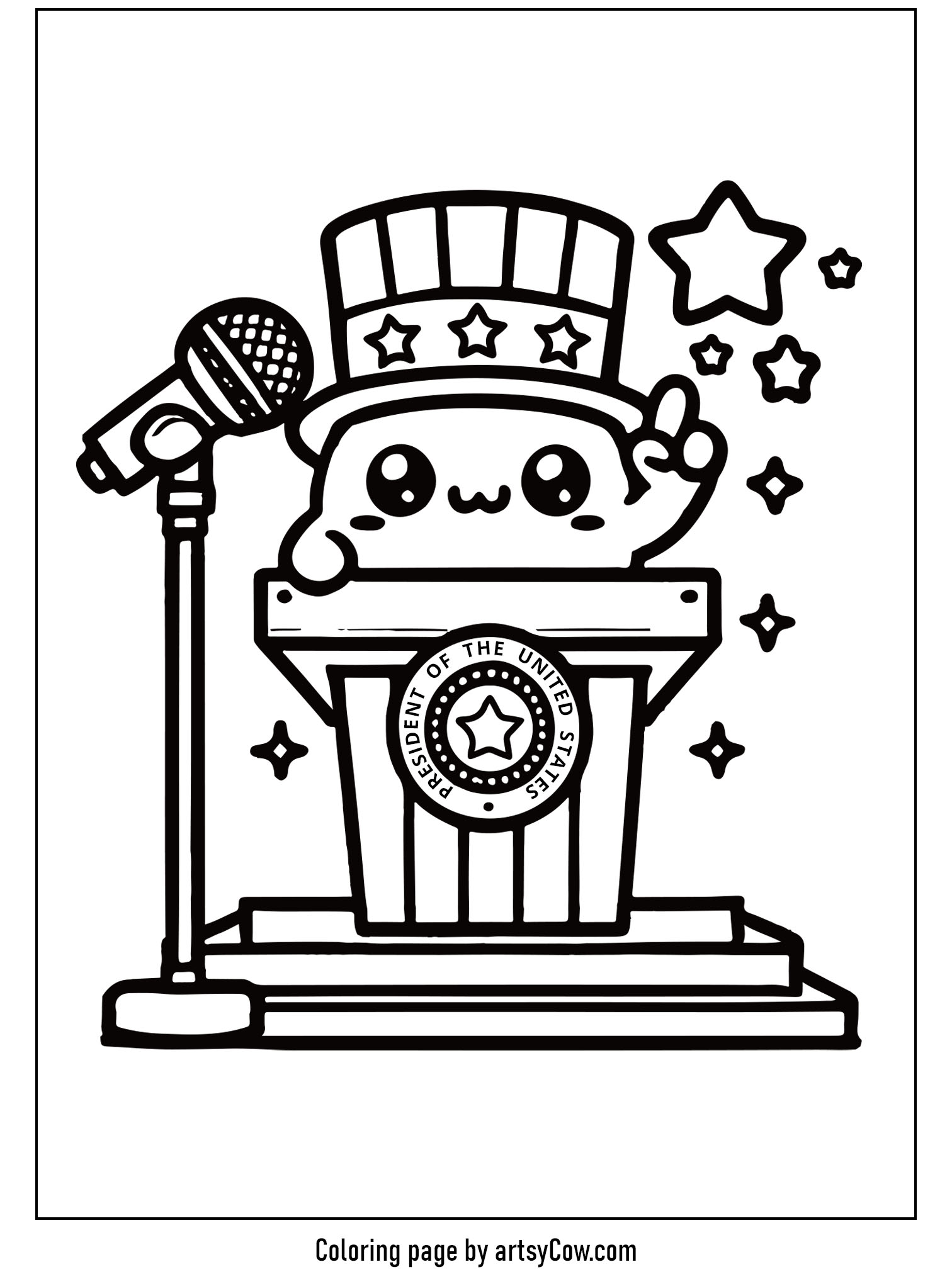 Presidents Day Coloring Pages featuring a cute character with a top hat and podium. The image includes stars and a microphone, perfect for kids to color and celebrate the theme of leadership and patriotism.